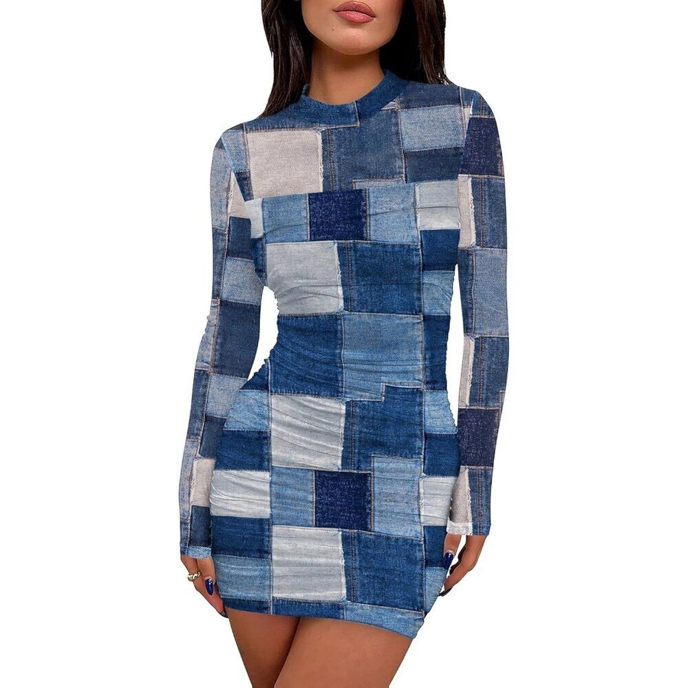 Women's Blue White Print Mini Dress Sexy Mock Neck Cocktail Party Club Spring - Picture 1 of 5